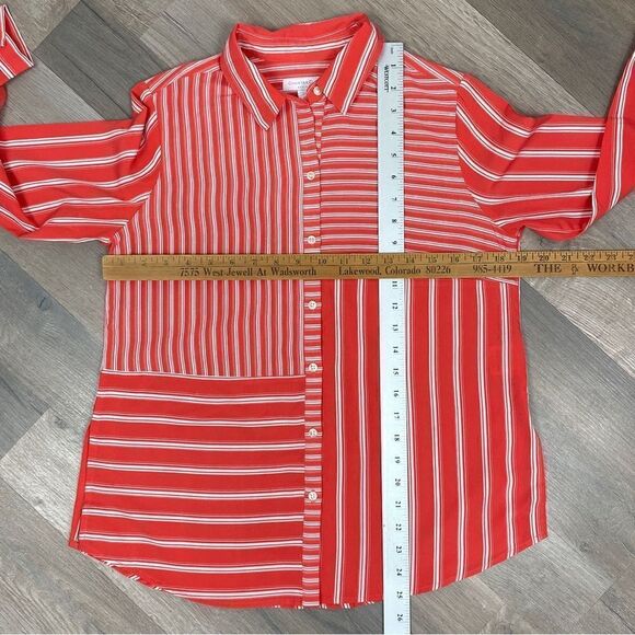 Charter Club Multi Stripe Pattern Block Button Front Blouse Coral White SP - Picture 10 of 11